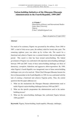 Nation-Building Initiatives of the Olusegun Obasanjo Administration in the Fourth Republic, 1999-2007