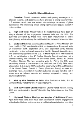 India-US Bilateral Relations Overview