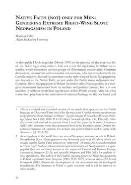 Native Faith (Not) Only for Men: Gendering Extreme Right-Wing Slavic Neopaganism in Poland Mariusz Filip Adam Mickiewicz University