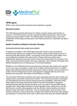 OPA3 Gene OPA3, Outer Mitochondrial Membrane Lipid Metabolism Regulator