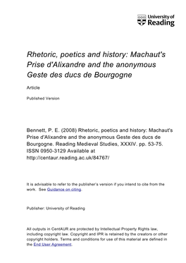 Rhetoric, Poetics and History: Machaut's Prise D'alixandre and the Anonymous Geste Des Ducs De Bourgogne