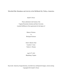 Microbial Mat Abundance and Activity in the Mcmurdo Dry Valleys, Antarctica