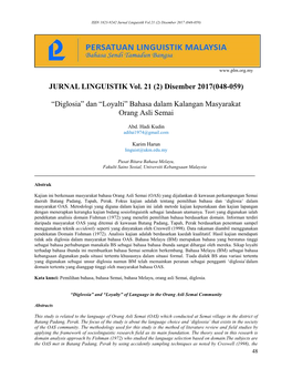 JURNAL LINGUISTIK Vol. 21 (2) Disember 2017(048-059) “Diglosia