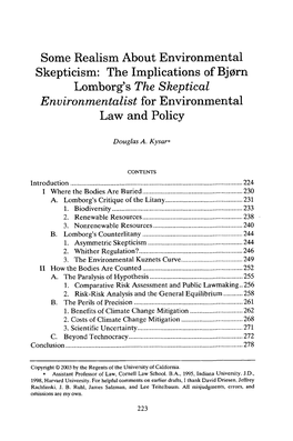 Some Realism About Environmental Skepticism: the Implications of Bjorn Lomborg's the Skeptical Environmentalist for Environmental Law and Policy