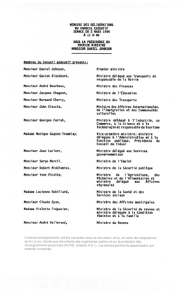 Mémoire Des Délibérations Du Conseil Exécutif Séance Du 2 Mars 1994 a 11 H 00 Sous La Présidence Du Premier Ministre Monsieur Daniel Johnson