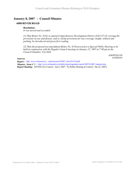 2007 - Council Minutes 6080 RIVER ROAD Resolution: It Was Moved and Seconded