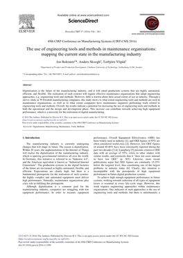 The Use of Engineering Tools and Methods in Maintenance Organisations: Mapping the Current State in the Manufacturing Industry