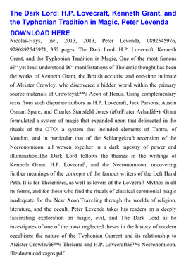 The Dark Lord: H.P. Lovecraft, Kenneth Grant, and the Typhonian Tradition in Magic, Peter Levenda