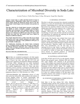 Characterization of Microbial Diversity in Soda Lake Brajesh Kumar Assistant Professor, Prabhu Dhan Degree College, Bhorugram, Nyagal Bari, Rajasthan