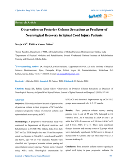 Observation on Posterior Column Sensations As Predictor of Neurological Recovery in Spinal Cord Injury Patients