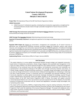 Bolivia Project Document Was UNDP Bolivia Will Provide the Framework Programme on Reducing Completed in May 2010