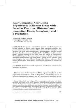 Four Ostensible Near-Death Experiences of Roman Times with Peculiar Features: Mistake Cases, Correction Cases, Xenoglossy, and a Prediction