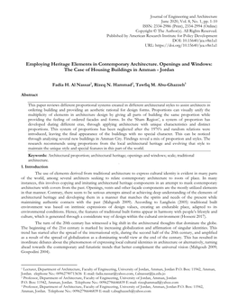 Employing Heritage Elements in Contemporary Architecture. Openings and Windows: the Case of Housing Buildings in Amman - Jordan