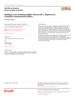 Building a Law of Human Rights: Roncarelli V. Duplessis in Canadian Constitutional Culture Eric M