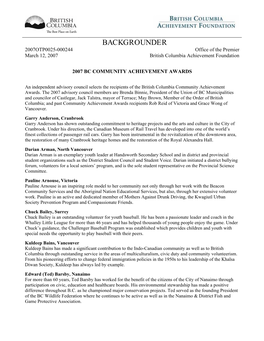 BACKGROUNDER 2007OTP0025-000244 Office of the Premier March 12, 2007 British Columbia Achievement Foundation