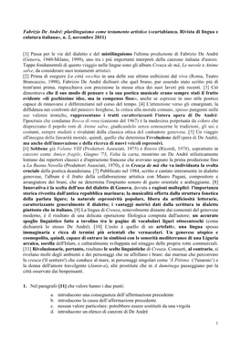 1 Fabrizio De André: Plurilinguismo Come Testamento Artistico