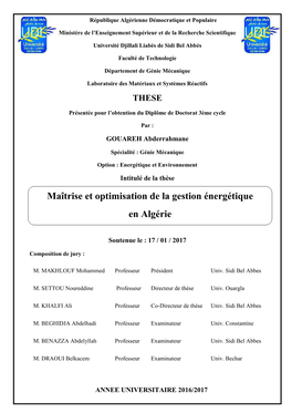 Maîtrise Et Optimisation De La Gestion Énergétique En Algérie