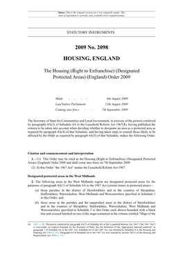 The Housing (Right to Enfranchise) (Designated Protected Areas) (England) Order 2009