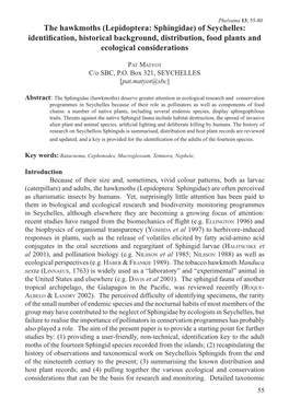 The Hawkmoths (Lepidoptera: Sphingidae) of Seychelles: Identiﬁcation, Historical Background, Distribution, Food Plants and Ecological Considerations