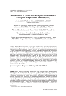 Reinstatement of Species Rank for Cystoseira Bosphorica Sauvageau (Sargassaceae, Phaeophyceae)