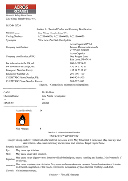 Material Safety Data Sheet Zinc Nitrate Hexahydrate, 98%