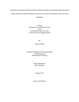 Molecular Characterization of Root-Lesion Nematode Species from Corn Fields in North Dakota and Evaluation of Resistance in Corn Hybrids