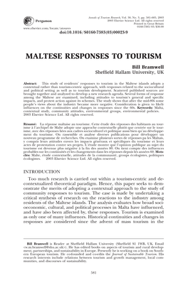 MALTESE RESPONSES to TOURISM Bill Bramwell Shefﬁeld Hallam University, UK