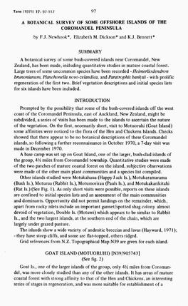 97 a BOTANICAL SURVEY of SOME OFFSHORE ISLANDS of the COROMANDEL PENINSULA by F.J. Newhook*, Elizabeth M. Dickson* and K.J. Benn