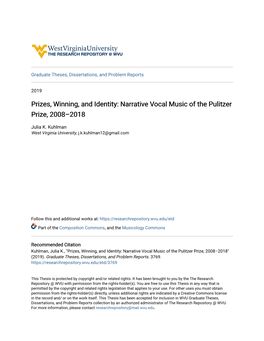 Narrative Vocal Music of the Pulitzer Prize, 2008–2018