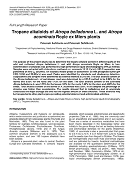 Tropane Alkaloids of Atropa Belladonna L