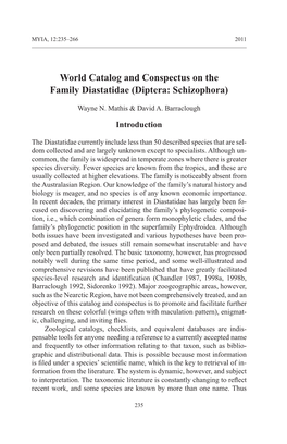 World Catalog and Conspectus on the Family Diastatidae (Diptera: Schizophora)