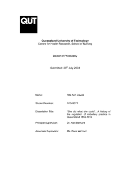 Queensland University of Technology Centre for Health Research, School of Nursing Doctor of Philosophy Submitted: 29Th July 2003