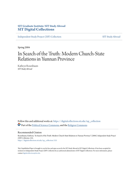 Modern Church-State Relations in Yunnan Province Kathryn Rosenbaum SIT Study Abroad