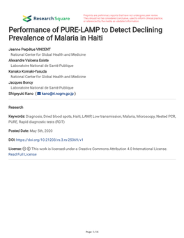 Performance of PURE-LAMP to Detect Declining Prevalence of Malaria in Haiti