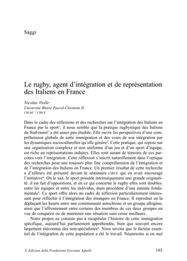 Le Rugby, Agent D'intégration Et De Représentation Des Italiens En France