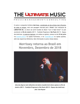 Morrissey Retorna Ao Brasil Em Novembro, Dezembro De 2018