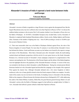 Alexander's Invasion of India It Opened a Land Route Between India and Europe Tabasum Bhanu Channarayapatna, Karnataka