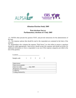 Albanian Election Study 2005 Post-Elections Survey Parliamentary Elections of 3 July 2005