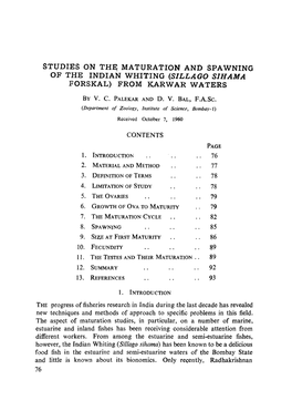 Studies on the Maturation and Spawning of the Indian Whiting (Sillago Sihama Forskal) from Karwar Waters