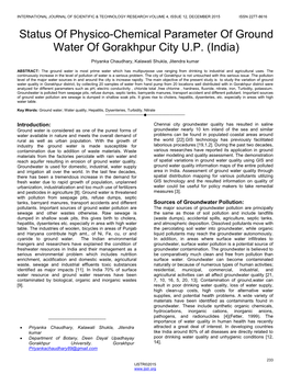 Status of Physico-Chemical Parameter of Ground Water of Gorakhpur City U.P