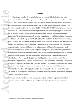 Occurrence of Arthropod Pests Associated with Brassica Carinata and Impact of Defoliation on Yield