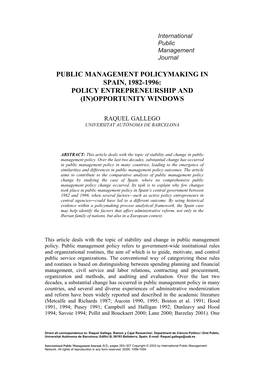 Public Management Policymaking in Spain, 1982-1996: Policy Entrepreneurship and (In)Opportunity Windows