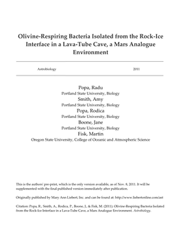 Olivine-Respiring Bacteria Isolated from the Rock-Ice Interface in a Lava-Tube Cave, a Mars Analogue Environment