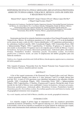 Isópodos (Crustacea: Peracarida) Del Área Natural Protegida Arrecife Tuxpan-Lobos, Veracruz, México: Lista De Especies Y Registros Nuevos