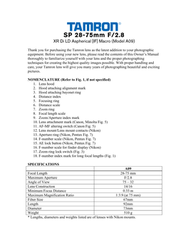 SP 28-75Mm F/2.8 XR Di LD Aspherical [IF] Macro (Model A09)