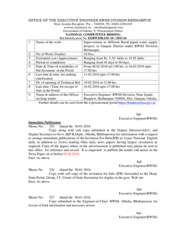 OFFICE of the EXECUTIVE ENGINEER:RWSS DIVISION:BERHAMPUR Near Jarada Bunglow, Pin – 760004, Ph