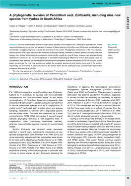 AR TICLE a Phylogenetic Revision of Penicillium Sect. Exilicaulis, Including Nine New Species from Fynbos in South Africa