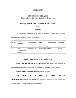 LOK SABHA ___ SYNOPSIS of DEBATES (Proceedings Other Than