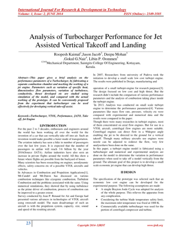 Analysis of Turbocharger Performance for Jet Assisted Vertical Takeoff and Landing ______Roopesh Kaimal 1,Jason Jacob 2, Deepu Mohan 3 ,Gokul G.Nair 4, Libin P