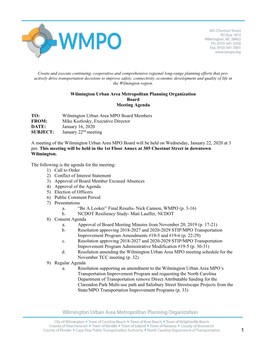 Wilmington Urban Area MPO Board Members FROM: Mike Kozlosky, Executive Director DATE: January 16, 2020 SUBJECT: January 22Nd Meeting